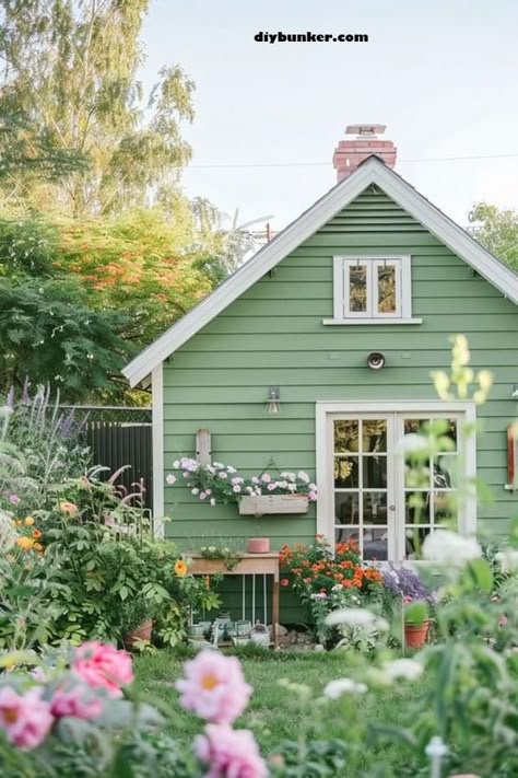 Green Home Exterior, Cottage Romance, Green House Exterior, Connected To Nature, Tiny House Inspiration, Backyard Greenhouse, Exterior Paint Color, Cottage Exterior, Exterior Paint Colors