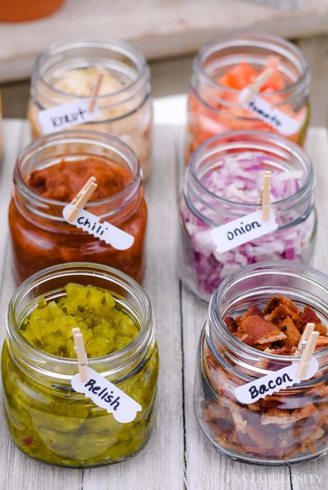 Hot Dog Bar Toppings in small mini glass jars Hot Dog Catering Ideas, Concession Stand Party Ideas Food Tables, Hamburger And Hot Dog Bar, Cookout Hacks, Rustic Outdoor Party, Hot Dog Buffet, Hot Dog Bar Toppings, Hot Dog Party, Party Food Bars