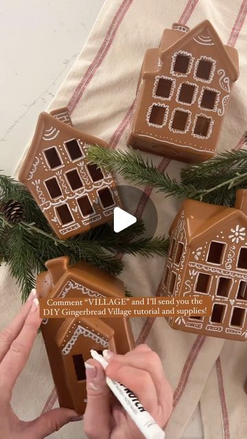 Tatertots & Jello - DIY blog on Instagram: "Let’s make a gingerbread village centerpiece :) 🏡🎄✨❤️  Turn a white Christmas village into an adorable gingerbread village centerpiece :) 🏡🎄❤️✨  Comment “VILLAGE” and I will DM you the tutorial with all of the house designs, plus all of the supplies! ✨❤️🎄🏡  I’m having such a fun time turning our home into a gingerbread house! I love the way that our dining room table turned out with this festive gingerbread village centerpiece :) ✨❤️🎄🏡  xoxo  🏡jen   #1891avenuescottage  #gingerbreadhouse  #gingerbread  #gingerbreadvillage  #gingerbreadhousemaking  #gingerbreadhouses  #christmasdecorations  #christmasdecor  #christmasdiningroom  #diningroomideas  #colorfulchristmas" Gingerbread House Table Centerpiece, Decorating With Gingerbread Houses, Gingerbread Centerpiece Ideas, Ginger Bread House Decor Ideas, White Christmas Village, Mini Gingerbread House, House Candle Holder, How To Make Gingerbread, Gingerbread Diy