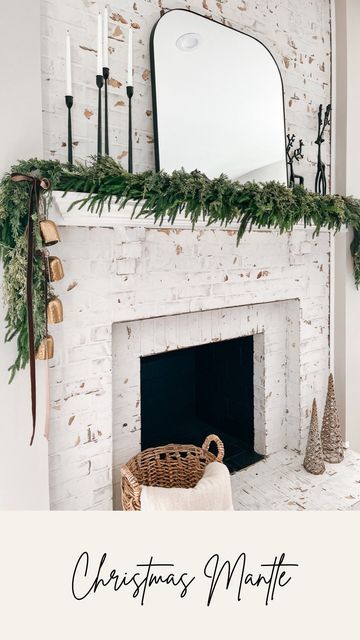 Cedar Pine Garland, Christmas Fireplace Decor Simple, Kirklands Norfolk Pine Garland, Norfolk Pine Garland Fireplace, Mantle No Fireplace Ideas, Minimal Christmas Mantle, Christmas Fireplace Decor No Mantle, Minimalist Christmas Mantle Decor, Stone Fireplace Christmas Decor