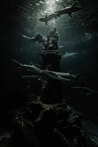 ↑↑↑ Larger size on website 🔸 A dark, shadowy image of an underwater scene.  A large, looming statue, silhouetted by light filteri 🔸 From Midjourney AI Image Statues Underwater, Underwater Statues, Beam Of Light, Underwater Scene, Shark Swimming, Sharks, Rocky, Large Size, Art Images