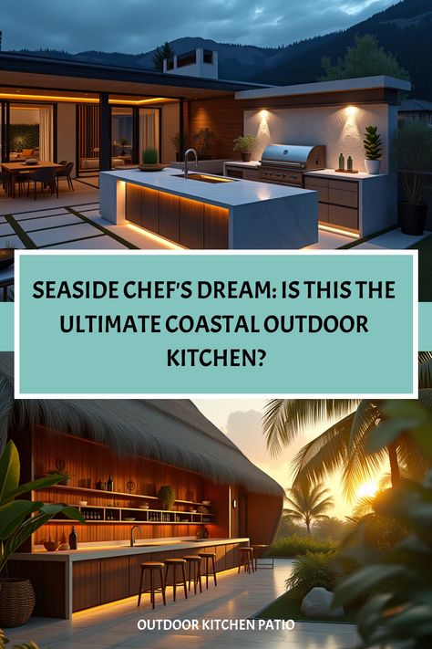 Coastal outdoor kitchen with blue cabinets and fish cleaning station near ocean Coastal Outdoor Kitchen, Kitchen Materials, Outdoor Kitchen Appliances, Seaside Living, Kitchen Patio, Outdoor Kitchen Patio, Coastal Kitchen, Contemporary Dining Room, Engineered Stone