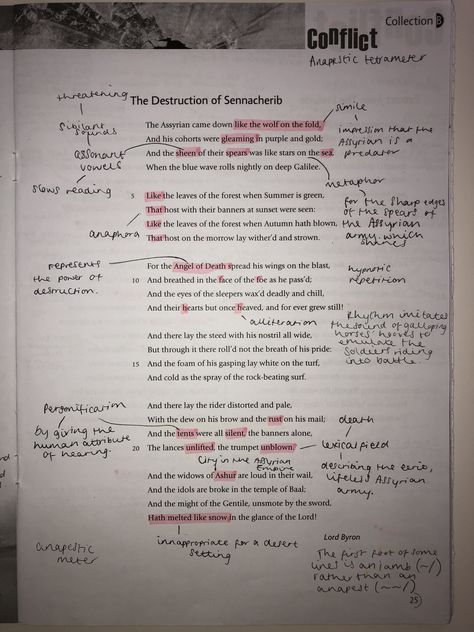 The Destruction of Sennacherib- GCSE Power and Conflict poem annotation Conflict Poetry Gcse, Poems Annotation, Destruction Of Sennacherib, Poem Annotation, Gcse Poetry Anthology, Gcse Poems, Romanticising Studying, English Gcse Revision, English Gcse