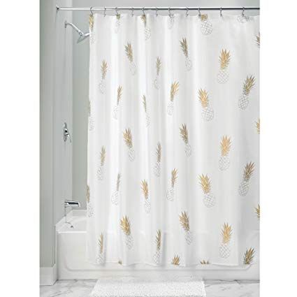 InterDesign Fabric Polyester Shower Curtain, 72" x 72" White Gold Pineapple Pineapple Shower Curtain, College Dorm Bathroom, Bathroom Decor Pictures, Gold Shower Curtain, Dorm Bathroom, Bathroom Faucets Brushed Nickel, Glass Shower Enclosures, Gold Shower, Interior Design Courses