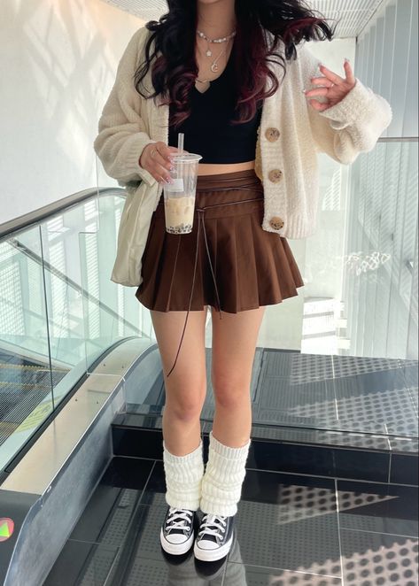 Softie Aesthetic Outfits Winter, Pretty Outfits With Skirts, Cute Skirt Outfits Korean, Consort Outfit, Malaga Outfit Ideas, Outfits With Brown Skirt, Big Shirt And Skirt Outfit, Cardigan Outfit With Skirt, Cute Outfit With Skirt