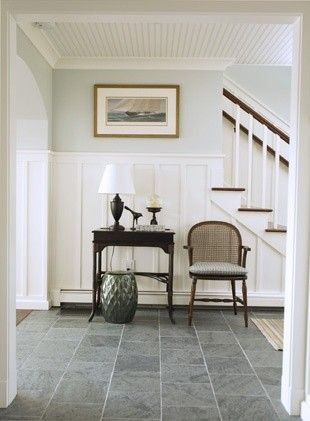 love the tile, ceiling, board and batten Ceiling Beadboard, Slate Floor, Shiplap Ceiling, Custom Millwork, Ceramic Stool, Beadboard Ceiling, Sailboat Art, Slate Flooring, Board And Batten