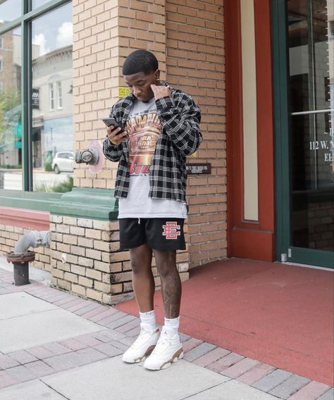 Long Sleeve And Shorts Outfits Men, Streetwear Men Outfits Summer 2023, Brunch Men Outfit, Flannel With Shorts Outfits Men, Shorts Flannel Outfit, Spring Streetwear Outfits Men, Nba Shorts Outfit Men, Graphic Tee And Shorts Outfit, Shorts And Flannel Outfit