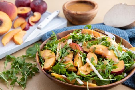 Plum, Peach and Jicama Salad with Plum Vinaigrette How To Cut Jicama, Jicama Salad, Cut Butternut Squash, Knife Skills, Recipes Learn, A Fruit, Fresh Veggies, Dried Fruits, Green Salad