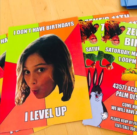 Check out these fun and unique meme-themed birthday invitations we just recently did! Let us help with your child's birthday party with our Custom Party Builder! #invitations #Birthdaypartyideas Meme Birthday Party Theme, Meme Party Theme, Funny Birthday Party Ideas, Funny Birthday Invitations, Meme Party, 25th Birthday Parties, Kid Parties, Bee Party, Birthday Stuff