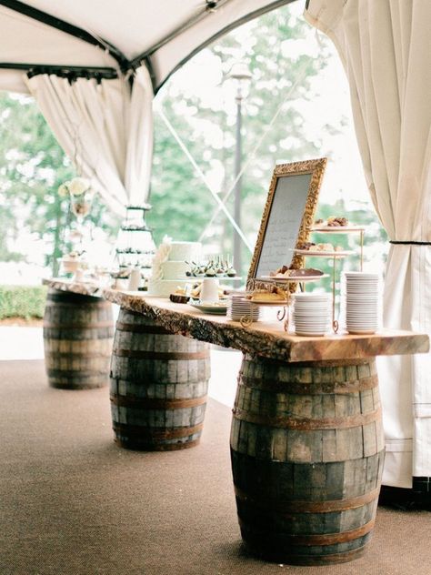 Party Buffet Table, Wedding Tent Decorations, Wine Barrel Table, Country Wedding Reception, Barrel Wedding, Deco Buffet, Wine Barrel Furniture, Dessert Bar Wedding, Barrel Table