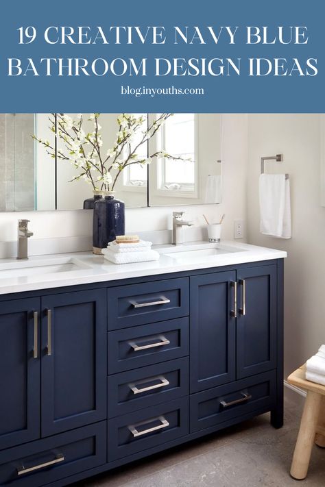 NAVY BLUE BATHROOM Blue Bathroom Design, Blue Shaker Cabinets, Blue White Bathrooms, Navy Blue Bathroom, Dark Blue Bathrooms, Blue Bathrooms Designs, Navy Blue Bathrooms, Navy Bathroom, Blue Bathroom Vanity