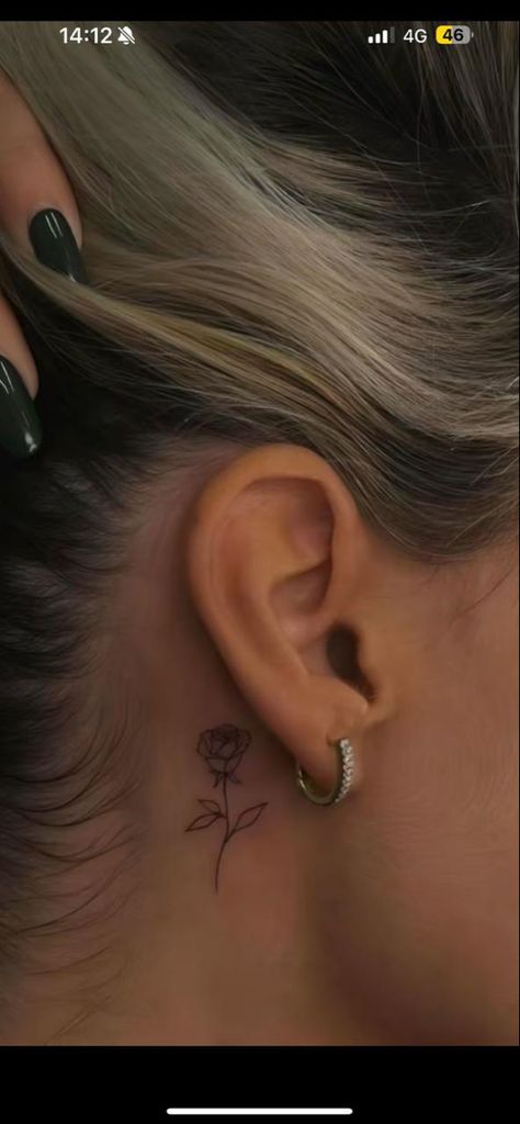 Behind The Ear Tattoo Ideas Floral, Behind Ear Tattoo Rose, Under The Ear Tattoo, Tattoo Ideas Female Behind The Ear, Rose Ear Tattoo, Flower Behind Ear Tattoo, Rose Behind Ear Tattoo, Flower Memorial Tattoo, Earth Girl