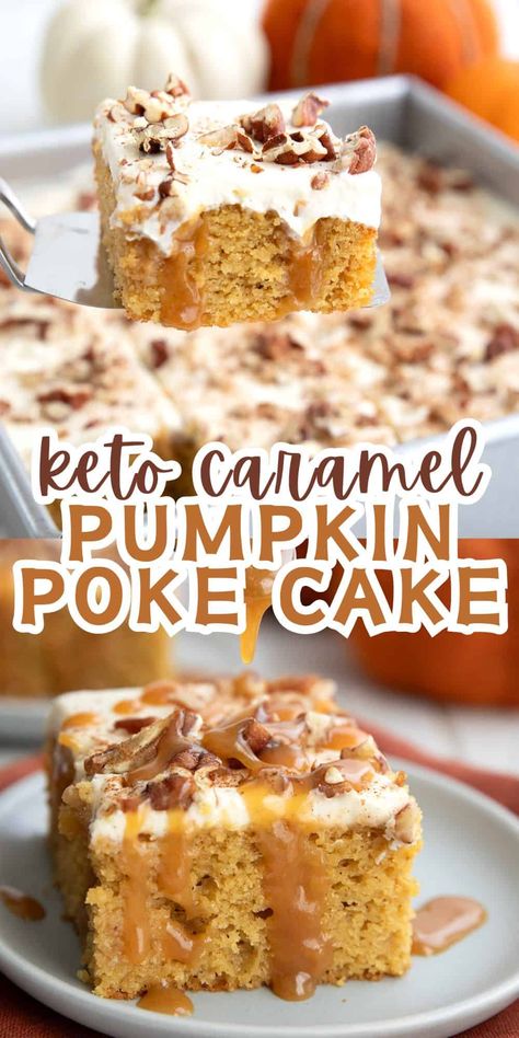 This Keto Pumpkin Poke Cake combines tender low carb pumpkin cake with gooey caramel sauce and an airy cream cheese frosting. It might just be the best keto dessert recipe you make all year! Keto Cakes Recipes, Keto Pumpkin Desserts, Keto Pumpkin Cake, Pumpkin Poke Cake, Low Carb Pumpkin Recipes, Fall Deserts, Keto Cakes, Whipped Cream Cheese Frosting, Muffin Cup