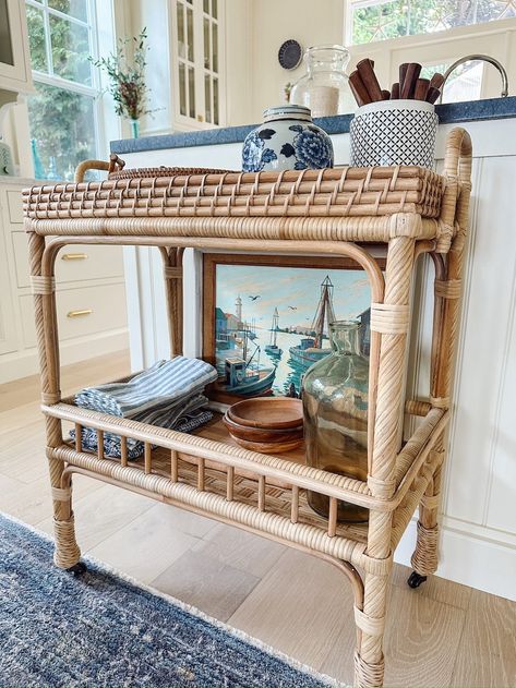 My New Rattan Serving Cart (how I'll use it in my kitchen + why I'm so excited about it!) - The Inspired Room Rattan Bar Cart, Rattan Bar, White Candle Holders, Wooden Pillars, Living Room Furniture Arrangement, Serving Cart, Small Space Design, Kitchen Jars, Ceramic Candle Holders