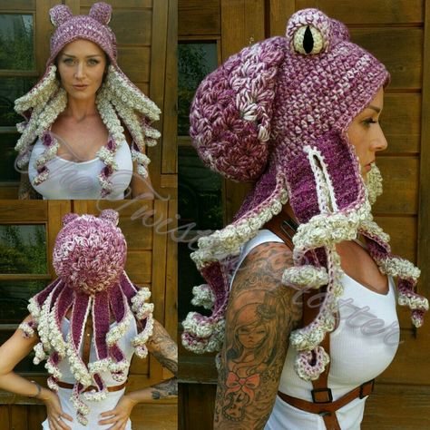 Crochet maroon octopus hat Crochet Octopus Hat, Diy Crochet Hat, Octopus Hat, Crochet Character Hats, Crochet Hat Patterns, Octopus Crochet Pattern, Crochet Twist, Crochet Octopus, Baby Jacke