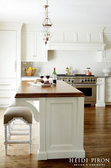 Kitchen Island Countertop. Kitchen island countertop ideas. The countertop on this island is teak. Teak Butcher's block countertop. #ButchersBlock #ButchersBlockIdeas #TeakButchersBlock Kitchen Island With Columns Posts, Kitchen Island With Columns, Off White Kitchens, Island Stools, Award Winning Kitchen, Island Countertops, Best Kitchen Designs, White Kitchen Design, Trendy Kitchen