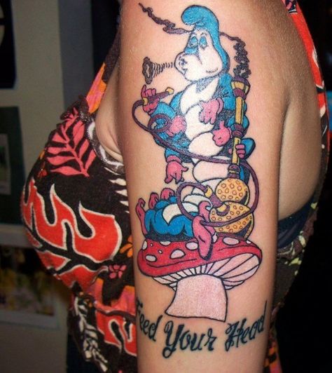 A tattoo of the Disney Hookah Smoking Caterpillar from Alice in Wonderland « « Ratta Tattoo Wonderland Mushrooms, Disney Tattoos For Men, Alice In Wonderland Tattoos, Caterpillar Tattoo, Alice And Wonderland Tattoos, Wonderland Tattoo, Mushroom Tattoos, Back Of Shoulder Tattoo, Geniale Tattoos