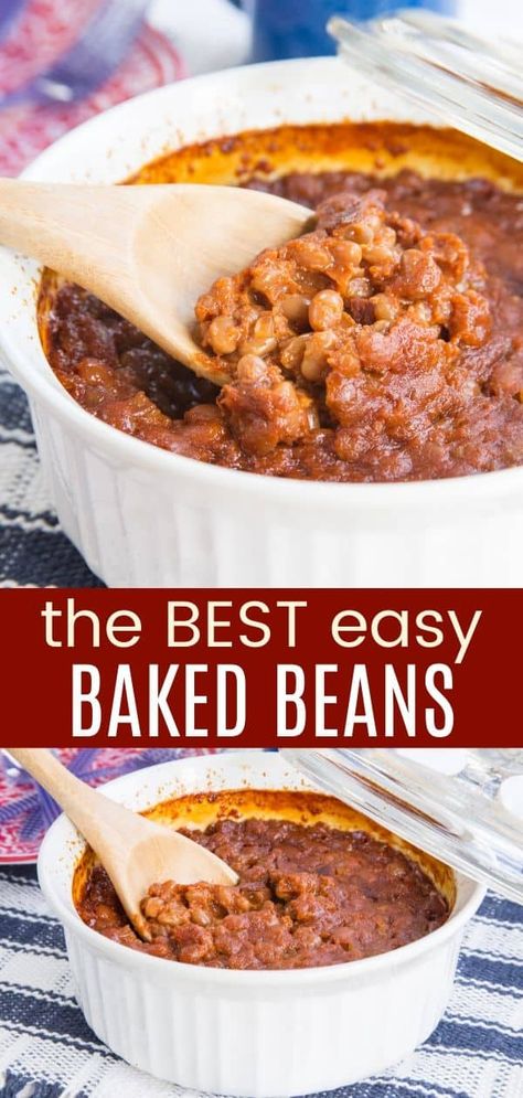 The Best Easy Baked Beans - everyone begs for this recipe! It's a semi-homemade secret ingredient that makes it taste like they were made from scratch, but without all the time and effort to make the classic barbecue side dish! Gluten Free Baked Beans, Easy Baked Beans Recipe, Homemade Baked Beans Recipe, Gf Dinners, Simple Baked Beans Recipe, Gluten Free Recipes Side Dishes, Easy Baked Beans, Gluten Free Bbq, Easy Summer Side Dishes