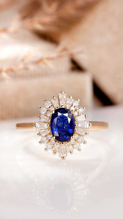 Blue Wedding Rings, Royal Blue Wedding, Handmade Jewelry Designs, Rings Wedding, Engagement Ring Wedding Band, Halo Rings, Custom Engagement Ring, Blue Wedding, Vintage Rings