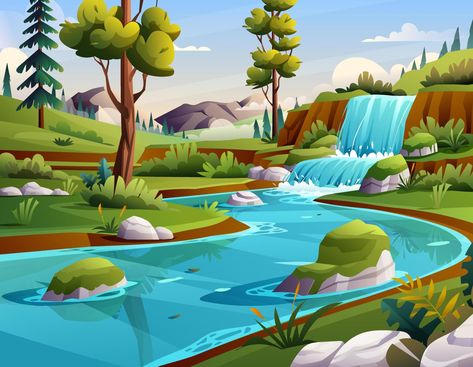 Forest With Mountains, River Background, Golden Retriever Illustration, Waterfall Background, Forest Cartoon, Wildlife Day, Mountain Background, Cartoon Style Drawing, Cartoon Birds