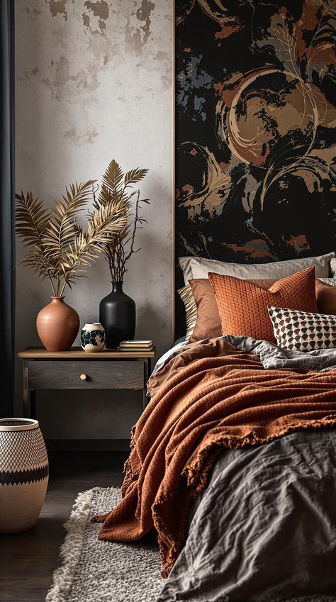 Black Bedroom Ideas Dark Gray And Terracotta Bedroom, Rust Black Bedroom, Terracotta Black Bedroom, Moody Orange Bedroom, Black And Terracotta Bedroom, Rust Colored Bedding, Rust Bedroom Decor, Rust Bedding Decor, Black And Copper Bedroom