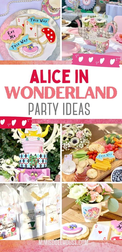 Alice in Wonderland Decorations for a Wonderland Tea Party Birthday. Curiouser and curiouser. If the idea of an Alice in Wonderland tea party makes you smile bigger than a Cheshire cat, this gorgeous vintage style Alice in Wonderland birthday party is going to brighten your day. There are so many fun and fancy details, some delicious themed Wonderland cookies and more! #cake #cookies #wonderland #aliceinwonderland #disney #girlparty #birthday #party #parties #partyideas Alice In Wonderland Food, Alice In Wonderland Party Ideas, Wonderland Party Ideas, Alice In Wonderland Cupcakes, Charm City Cakes, Alice In Wonderland Crafts, Relief Society Birthday, Alice In Wonderland Birthday Party, Wonderland Decorations