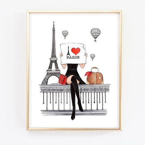 Instagram'da LALANA ARTS: “This illustration is for Paris lovers🖤 What is your favorite place in Paris? You can purchase this art print in my Etsy shop (link in…” Paris Themed Bedroom, Laduree Macarons, Art Parisien, Paris Artwork, Paris Wall Decor, Eiffel Tower Art, Girl In Paris, Paris Art Print, Fashion Wall Decor