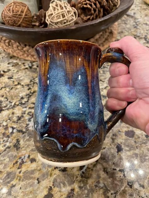 MSM! Temmoku x2 inside and out. Iron luster x2 2/3 way down from top. Indigo float x2 over IL. Thick oatmeal on rim. Cone 6 with 8 min hold. B-mix ￼ Amaco Temmoku, Thick Oatmeal, Temmoku Glaze, Glaze Combinations, Glaze Combos, Pottery Glaze, Amaco Glazes, Pottery Glazes, Way Down