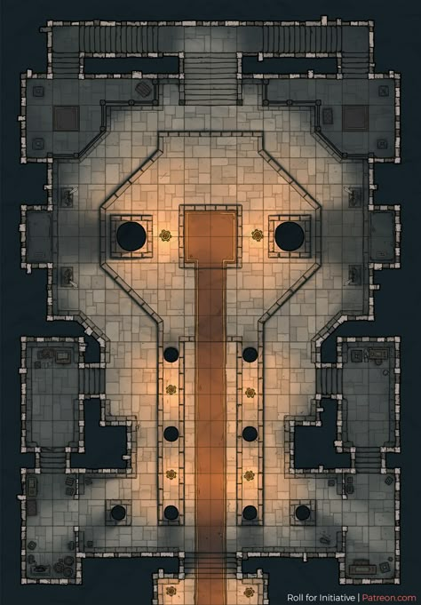 Temple, a [16x23] indoor temple map for D&D and other tabletop games.  Find high resolution and alternative versions on the Patreon-page: Roll for Initiative https://www.patreon.com/initiative Pathfinder Maps, Dnd Battle Maps, Fantasy City Map, Salt Lake City Temple, Map Layout, Dnd World, Building Map, Dnd World Map, Fantasy World Map