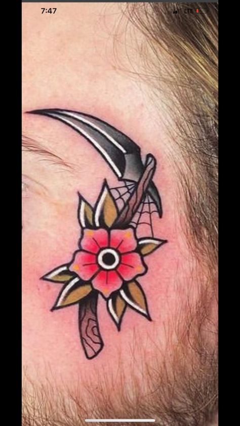 Traditional Tattoo Knee Cap, Traditional Mens Tattoo, Flail Tattoo Design Traditional, Traditional Feather Tattoo, Traditional Face Tattoo, American Traditional Dice Tattoo, Traditional Filler, Traditional Gap Filler Tattoo, American Traditional Knife