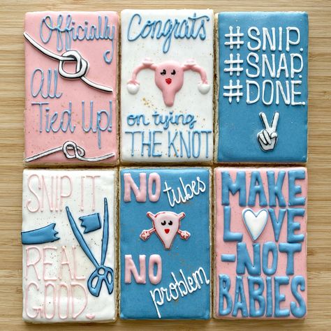 Celebrate every moment and every choice! This cookie set celebrates a woman’s choice to be kid-free, and have some fun while she’s at it! Such a fun set to make! #cookieart #hysterectomy #vasectomy #funnycookies #memes # notubes #noproblem #tyingtheknot Hysterectomies Party, Sterilization Celebration, Sterilization Party, Baby Sprinkle Ideas, Sprinkle Ideas, Future Spouse, Decorative Cookies, Event Decor Ideas, Gender Party