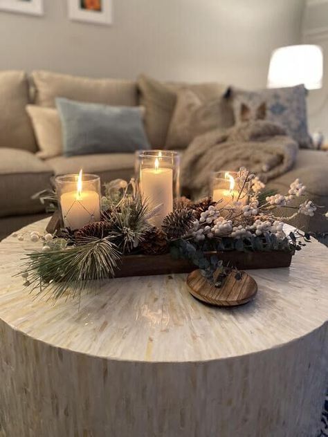 7 Simple, Budget Friendly After Christmas Winter Decorating Ideas You'll Love - Life on Kaydeross Creek Christmas Island Centerpiece Ideas, Chrismass Decore Ideas, Novogodisnja Dekoracija, Christmas Shelves, Island Centerpiece, Winter Decorating Ideas, January Decor, Christmas Coffee Table Decor, Groovy Christmas