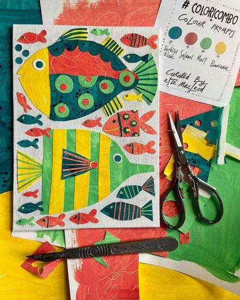 Fish Art Activities, Collage Ideas For Kids, Paper Collage Art Ideas, Collage Fish Art, Fish Art Project, Fish Gouache Painting, Art Inspiration Board, Fish Collage Art Mixed Media, Fish Collage