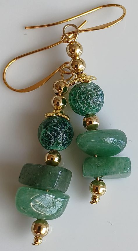 Dangle & Drop Earrings  Earrings: Gold-plated Gemstones: Dyed Agate & Aventurine, Gold-plated Beads Color: Green, Gold Created & Designed by: LifeBoatCreations Gemstone Bead Earrings, Glass Bead Crafts Diy, Chip Bead Jewelry, Diy Earrings Dangle, Dyed Agate, Colored Earrings, Dangle Earrings Boho, Natural Stone Earrings, Antique Jewelry Indian