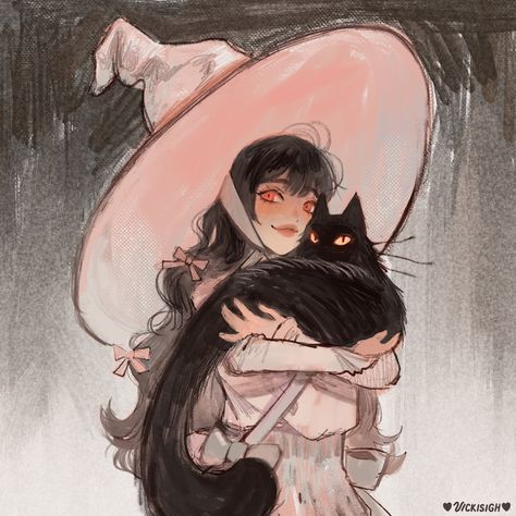 Fluffy Black Cat, Witch Characters, Cat Character, Witch Art, A Witch, Cute Art Styles, Cat Drawing, Pretty Art, Cute Icons