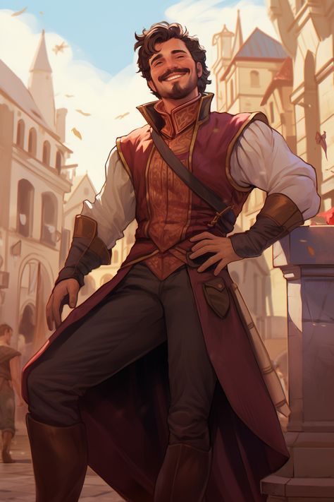 Spain Character Design, Vistani Character Art, Swashbuckler Character Art, Lathander Dnd, Barkeep Dnd, Human Noble Dnd Male, Human Bard Male, Dnd Human Character Art, Tavern Character