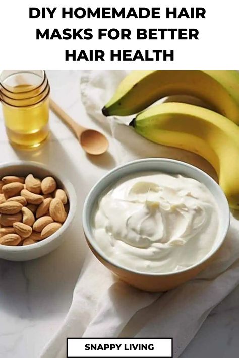 Bowl of natural hair mask mixture with ingredients like honey, banana, and almonds on a marble surface, promoting better hair health. Hair Mask Homemade, Easy Diy Hair Mask, Hair Growth At Home, Homemade Hair Masks, Hair Mask At Home, Easy Diy Hair, Honey Hair Mask, Diy Moisturizer, Hair Detox