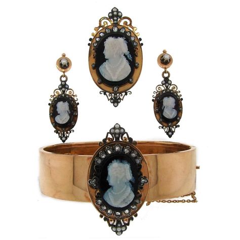 Victorian Agate Cameo Diamond Gold Pin Brooch Pendant Bangle Bracelet Earrings  | From a unique collection of vintage bangles at https://www.1stdibs.com/jewelry/bracelets/bangles/ 18k Gold Bangle, Gemstone Brooch, Yellow Gold Bangle, Gold Armband, Cameo Jewelry, Bangle Bracelet Set, Vintage Bangles, Diamond Bangles Bracelet, Gold Pin