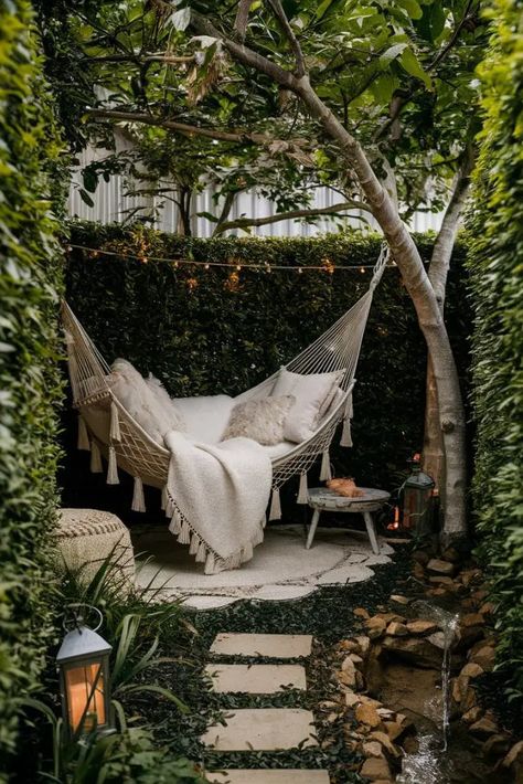 Rustic Cottage Garden, Backyard Landscaping Hammock, Hammock Side Yard, Cottage Garden Hammock, Outdoor Hideaway, Airbnb Backyard, Garden Hideaway, Spiritual Garden, Patio Grill