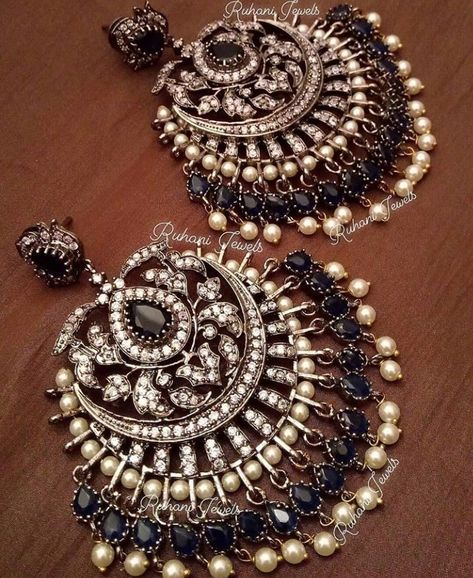 Earrings For Saree, Jhumka Design, Black Metal Jewelry, Blue Jewelry Set, Oxidised Earrings, Indian Wedding Jewelry Sets, Pretty Jewelry Necklaces, Fancy Jewellery Designs, Indian Jewellery Design Earrings