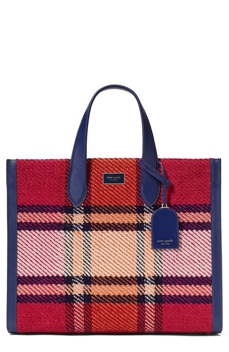 Kate Spade New York large manhattan grand plaid tote available at #Nordstrom New York Manhattan, New York Logo, Plaid Tote, Bags Logo, Logo Tag, Open Top, Black Tote Bag, Large Tote, Red Plaid