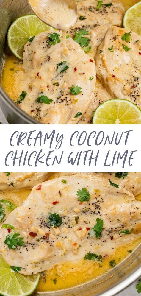 This coconut chicken with a hint of lime is creamy and delicious! With just one skillet and a few simple ingredients, you'll have a tasty, yet healthy dinner. This coconut chicken is packed with flavor and takes less than 30 minutes to make! Coconut Cream Chicken, Recipes Using Coconut Milk, Coconut Chicken Recipe, Creamy Coconut Chicken, Chicken Coconut Soup, 40 Aprons, Coconut Milk Chicken, Coconut Lime Chicken, Coconut Milk Recipes