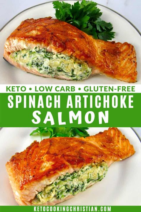 Artichoke Salmon, Stuffed Salmon Recipes, Low Carb Salmon Recipes, Salmon Recipes Pan, Salmon Recipe Pan, Artichoke Stuffed, Low Carb Salmon, Seared Salmon Recipes, Salmon Recipes Pan Seared