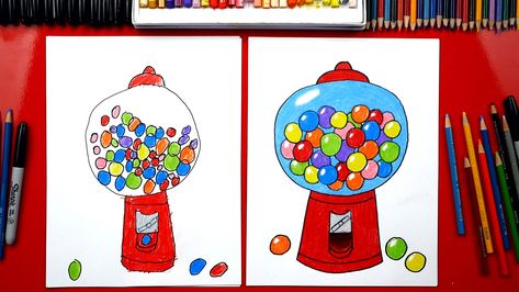 Learn how to draw a gumball machine! This directed drawing lesson is a lot of fun for any age kid. You’ll need the supplies below and a lot of different colors to color your drawings. Don’t forget; it’s ok if your drawings look different. Have fun and practice. Art Supplies marker paper colored pencils *Learn more … Gumball Machine Drawing, Gumball Machine Art, Gumball Art, Machine Drawing, Bubble Gum Machine, Art For Kids Hub, Gumball Machines, Machine Art, Painting Flowers Tutorial