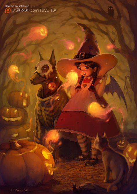 Spirits of Halloween by Tsvetka.deviantart.com on @DeviantArt 동화 삽화, Art Mignon, Halloween Artwork, Halloween Greeting Card, Halloween Greetings, Halloween Illustration, Witch Art, Art Et Illustration, A Witch