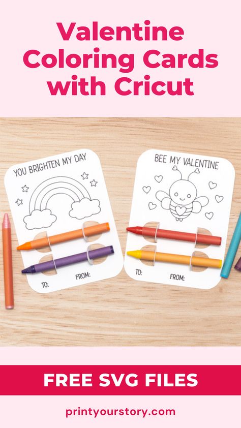 Make unique Valentine's Day cards for loved ones with our free Coloring Card SVG files for Cricut. Easy, fun, and budget-friendly project for the whole family! via @YourStorySVG Color Valentines Printable, Cricut Valentines Cards For Kids, Valentines Day Cricut Projects, Cricut Print And Cut, Card Svg, Valentines Ideas, Valentines Day Greetings, Valentine Coloring, Valentine's Day Cards