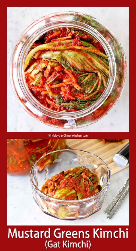 This Mustard Greens Kimchi is not your usual kimchi but it is just, if not more tasty than cabbage kimchi. Crunchy, pungent, and delicious. | MalaysianChineseKitchen.com #mustardgreenskimchi #gatkimchi #kimchi Gat Kimchi, Mustard Cabbage, Easy Kimchi, Cabbage Kimchi, Asian Side Dishes, Mongolian Beef Recipes, Asian Cucumber Salad, Chinese Kitchen, Kimchi Fried Rice