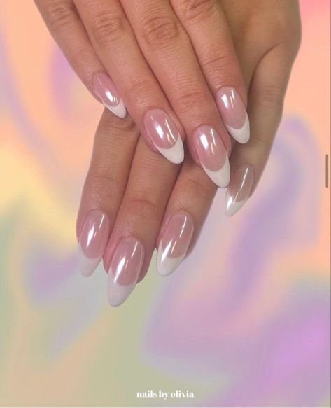 French Nails Iridescent, Iridescent White French Tip Nails, Iredesant French Tips, French Tip Irridescent Nails, Pink Iridescent French Tip Nails, Iridescent French Tips, Iridescent French Nails, Irredescent Nails French Tip, Aura Nails French Tip