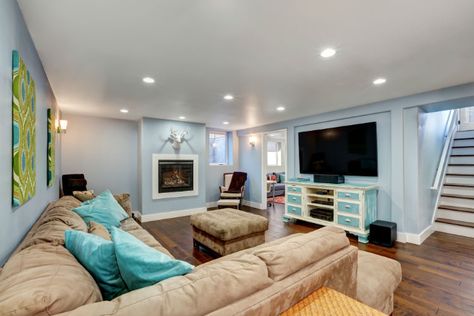 Did you know that a remodeled basement can increase the appraisal value of your home by as much as 70%? Read these 3 pro tips before starting your basement project. #IronRiverConstruction #BasementRemodel #BasementProjects Blue Basement, Basement Wall Colors, Alternatives To Drywall, Soft Blue Walls, Basement Colors, Basement Paint Colors, Basement Painting, Basement Lighting, Modern Basement