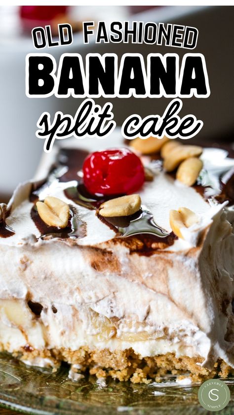 slice of banana split cake on plate Banana Split Lush Dessert, Banana Split Cake Recipe Easy, Banana Split Poke Cake, Banana Split Ice Cream Cake, Old Fashioned Desserts, No Bake Banana Split Dessert, Easy Desserts For A Crowd, Banana Split Cake Recipe, Cleverly Simple